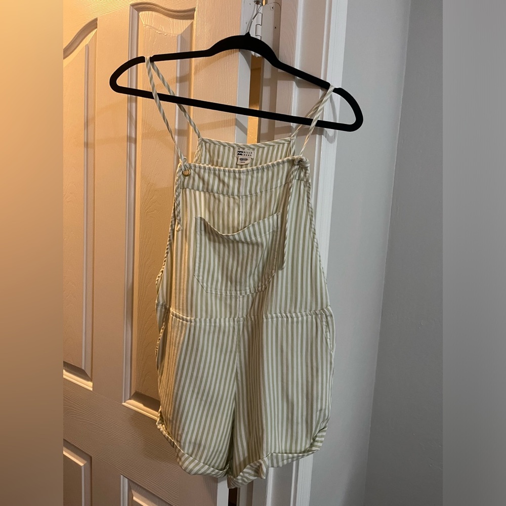 Striped Cotton Overall Romper - Cream & Sage Green